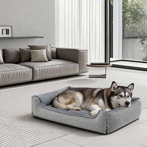 Panier pour Chien Aspect Lin avec Bords Surélevés, Gris Clair (1/5)