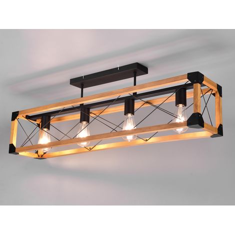LED Deckenleuchte 4-flammig Schwarz mit Holzbalken, Breite 100cm (1/5)