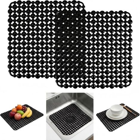 2 Piece Kitchen Sink Mat 28 x 28 cm Kitchen Sink Mat, Silicone Kitchen Sink Protector, Cuttable Non-Slip Sink Protector for Kitchen Sink, Cutlery and Glassware, Black (1/5)