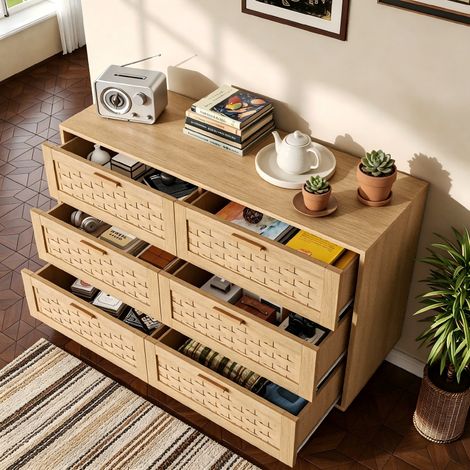 Commode à 6 tirtors, Meuble de Rangement, Armoire Tiroirs en Rotin, buffet de rangement, Buffet pour Salon, Chambre, Salle à Manger