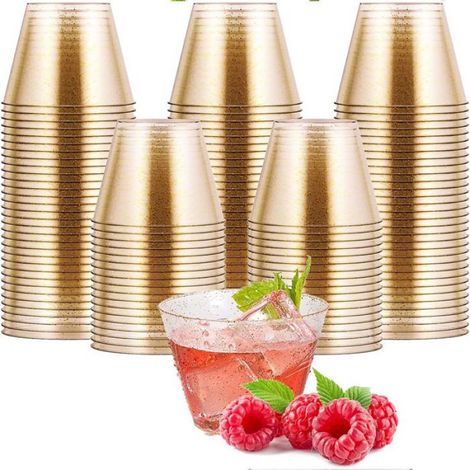 50 gobelets en plastique plaqué or – réutilisables – 300 ml – verres à cocktail transparents – incassables – paillettes dorées (1/5)