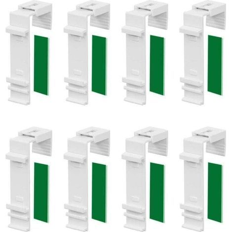 Set mit 8 langen Klemmhalterungen für Klemmfix-Doppelrollos, zur Befestigung und Verklebung ohne Bohren, als Zubehör oder Ersatzteil für die Montage an PVC-Fenstern und Balkontüren.