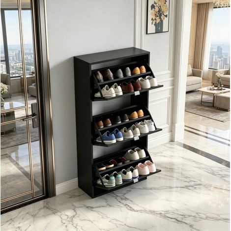 MEUBLIV Meuble à chaussures noir 60x26x124 cm – 3 abattants, rangement compact (1/5)
