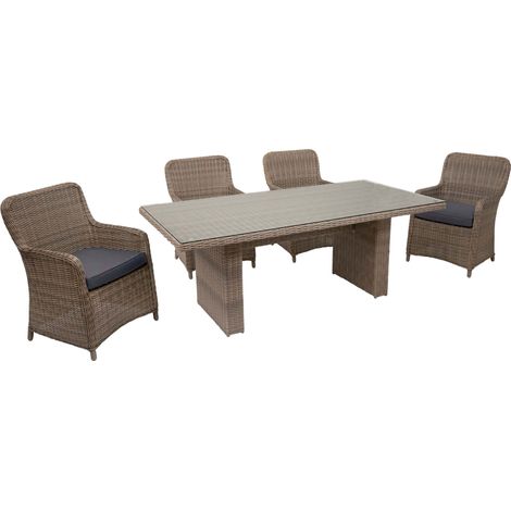 [NON UTILIZZATO] Set salotto giardino esterno salottino polyrattan HHG-084 elegante cuscini grigi spun poly tavolo con 4x poltrone