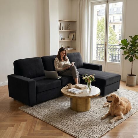FX-P60EU-BK (SOFA 5180-42) - Canapé d'angle avec rangement, grand canapé modulable, avec pouf, ressorts ensachés individuellement, housse amovible, canapé moderne pour salon, 245,5 cm (1/5)
