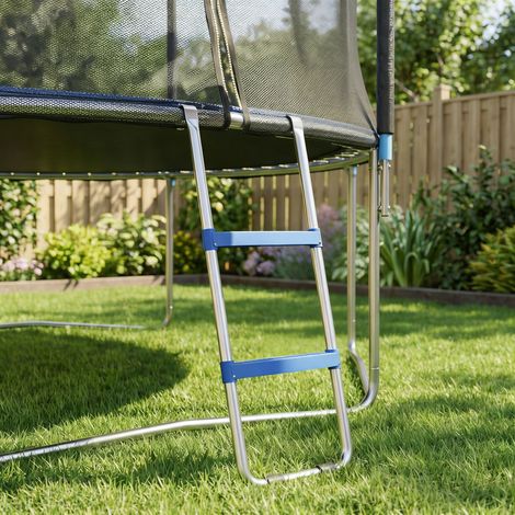 Échelle de Trampoline 2 Marches Larges avec Crochet Universel. Cadre en Acier Galvanisé. Charge 150 kg. 97x32x7 cm. Bleu