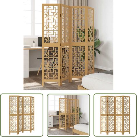 The Living Store Cloison de séparation 4 panneaux marron bois paulownia massif - Séparateur De Pièce - Écran D'intimité - Cloison Pliable - Décoration Murale - Meuble Modulable (1/5)