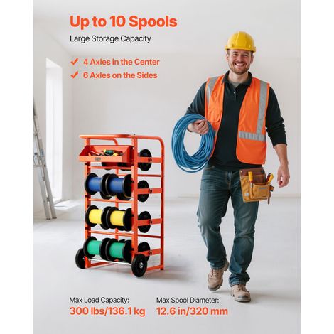 Support de Bobines de Fil, 11 Barres Transversales, Distributeur de Bobines de Câbles à Roulettes, Porte-câbles Autoportant avec Pl… (1/5)