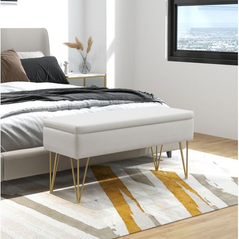 Banco baúl tapizado color crema 100 x 40 x 49 cm con patas de acero OKWISH (1/5)