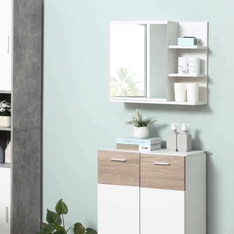 Badezimmer-Spiegelschrank mit 3 seitlichen Ablagen, inklusive Wandbefestigungsset, weiße Holzoberfläche (1/5)