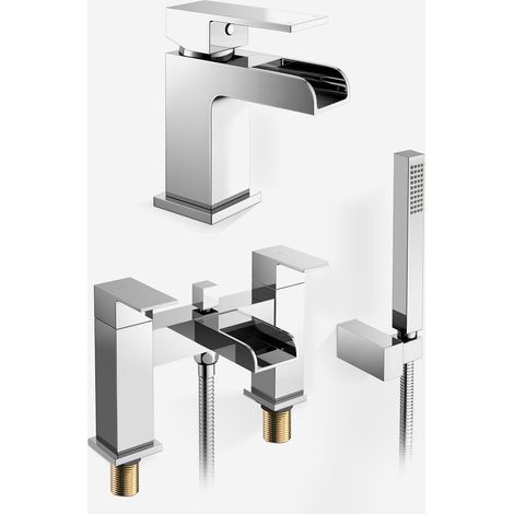 Ozone Modern Chrome Waterfall Basin Mono Tap & Bath Shower Mixer Tap + Waste (1/5)