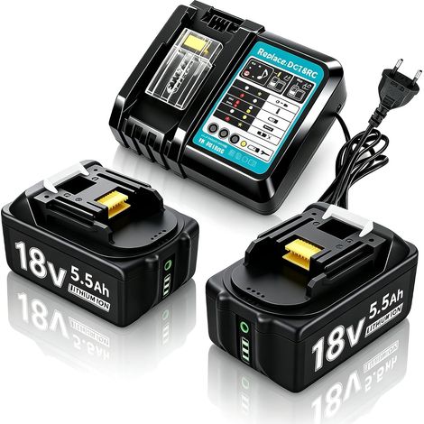 2 X 5,5 Ah 18 V Batterie avec chargeur Batterie de remplacement pour batterie BL1860B BL1830 BL1830B BL1840 BL1850 BL1850B BL1860 BL1815 LXT-400, Batterie de remplacement 18 V 5500 mAh avec (1/5)