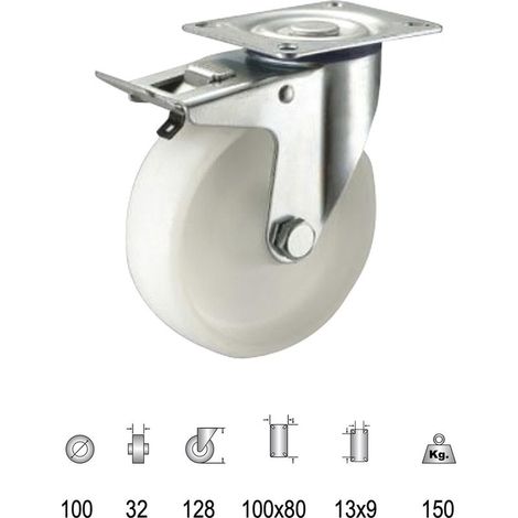 Roue industrielle en nylon avec frein 100 mm