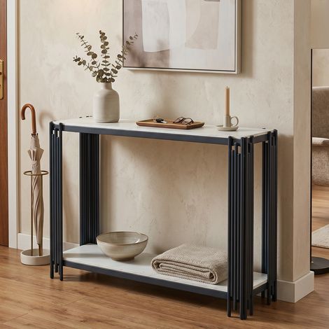 Table de console moderne avec 2 étagères, table d'entrée effet marbre blanc, piètement en métal noir, meuble d'accueil étroit pour salon, couloir et chambre - H80/L123,5/P33,5 cm (1/5)