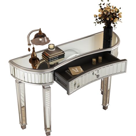 Consola con 1 Cajón, Cristal Acanalado y Esquinas Redondeadas para Entrada, Salón o Dormitorio, en Vidrio y MDF, 120 x 38 x 78 cm, Gris y Plata (1/5)