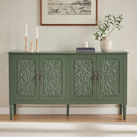 Credenza in stile retrò, 160x40x89 cm, con decorazioni a rilievo, ampio spazio contenitivo, bordi arrotondati - verde (1/5)