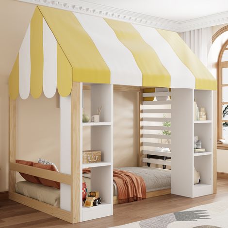Lit Enfant Style Campagne 90x200cm, Baldaquin, Rangement Ouvert Avant, Cadre Bois, Naturel (1/4)