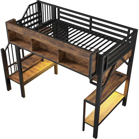 Cama alta 90x200 cm vintage marrón negro con escritorio esquinero, almacenaje y LED HOMVRA (1/5)
