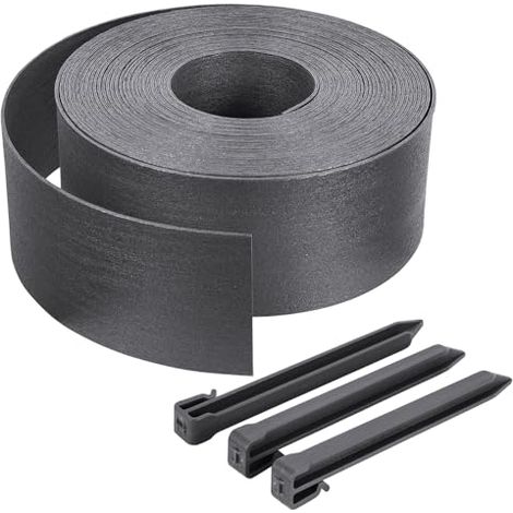 10 Meter lange PE-Garteneinfassung mit 6 Befestigungspfählen, flexible Raseneinfassung, natürliche Optik, 13 cm hoch, 3 mm dick, grau (1/4)