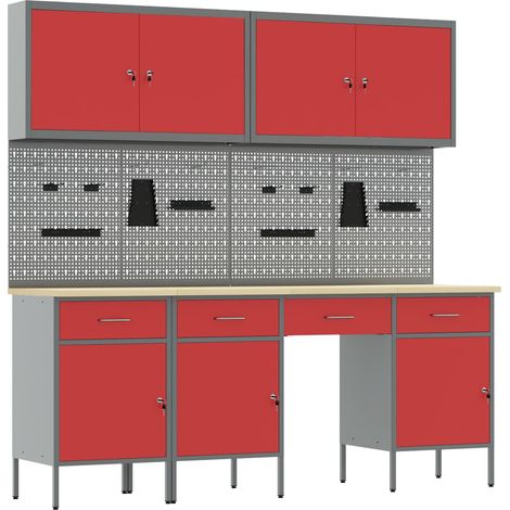 vidaXL Armario de trabajo 10 uds. Rojo Madera Ingenierizada y Acero (1/2)