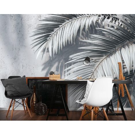 Fototapete Blätter Palmen Beton, für Wohnzimmer und Schlafzimmer, 150 x 105 cm – Komplettset inkl. Kleister & Anleitung (1/5)