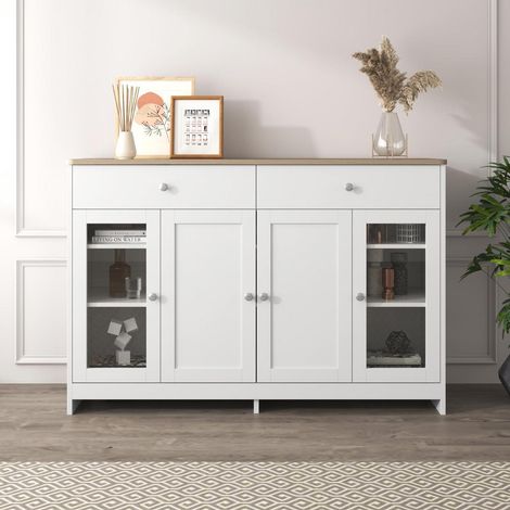 Buffet 4 portes 2 tiroirs vitrine style champêtre blanc et bois 120x37x80cm (1/5)