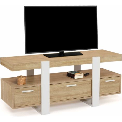 Idmarket – Meuble TV 116 cm – 3 tiroirs – Bois mélaminé blanc et bois – Plateau pour écran jusqu'à 40 pouces – Design moderne