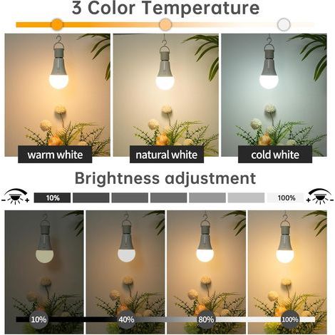 E27 LED Bulbs, USB-C Rechargeable 2600mAh, Remote Control, 7W Dimmable, Timer, 3 Color Temperatures, Camping (1/5)