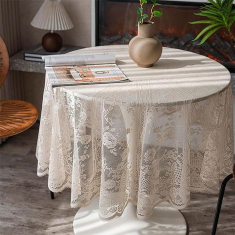 Nappe ronde en dentelle 150cm beige vintage floral brodée pour mariage banquet table à manger