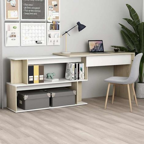 801103 vidaXL Corner Desk White and Sonoma Oak 200x50x76 cm Engineered Wood (1/5)