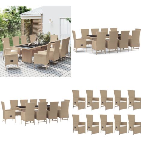 Set da Pranzo da Giardino 11 pz con Cuscini Beige in Polyrattan - Sedie da giardino reclinabili - Tavolo da giardino