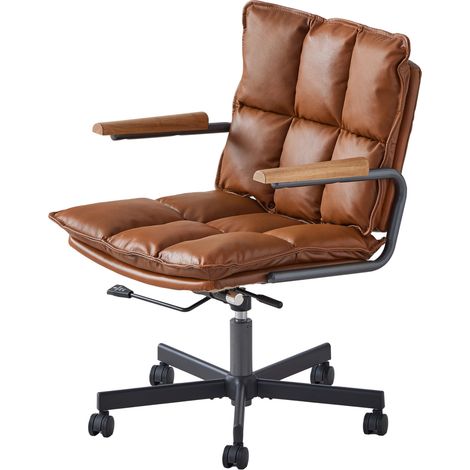 Silla de oficina ergonómica de cuero marrón con ruedas, reposabrazos de madera y altura ajustable (1/5)