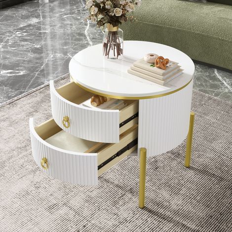 Table d'Appoint avec 2 Tiroirs Bout de Canapé Effet Marbre Blanc et Doré Pieds Réglables Salon 50x50x51 cm (1/5)