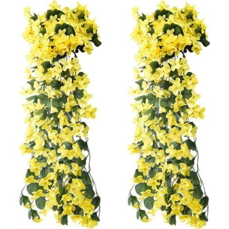Lot de 2 fleurs artificielles suspendues - Fleurs artificielles - Violet - Glycine - Plantes suspendues - En plastique - Pour bureau, maison, fête, mariage, décoration de maison - Jaune