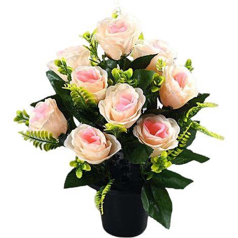 Fleurs de cimetière pour Tombe, Roses artificielles avec Pot, 15 Pouces 12 têtes Fleurs funéraires en Soie pour Pierres tombales artificielles pour Pierre tombale pour cimetière (1/5)
