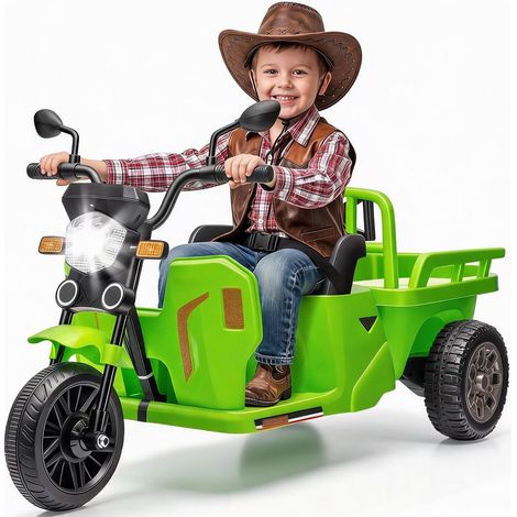 Tracteur électrique enfant 12V avec télécommande, 3 roues, remorque et pelle, lumière LED, musique, USB et Bluetooth, ceinture de sécurité, adapté aux enfants 3-8 ans garçons et filles (1/5)