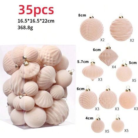 Geschenkbox mit 35 exquisiten Weihnachtskugeln aus cremeweißem Samt, Baumschmuck für die Feiertage (1/5)