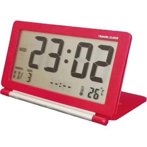 Horloge de bureau, affichage de l'heure portable et pliable, calendrier perpétuel à grand écran LED, réveil de voyage, rouge, adaptée à une utilisation extérieure (1/2)