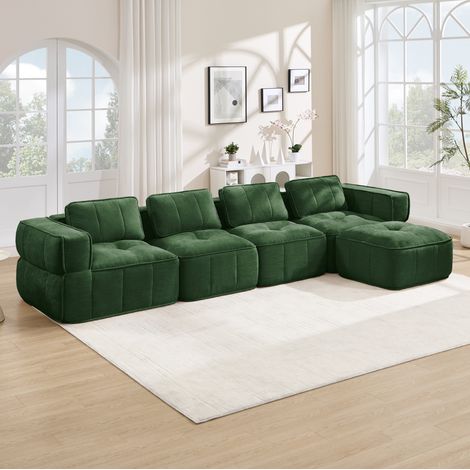 Divano angolare modulare 4 posti con pouf, 344 x 162 x 67 cm, poliestere verde DESVIAE (1/5)