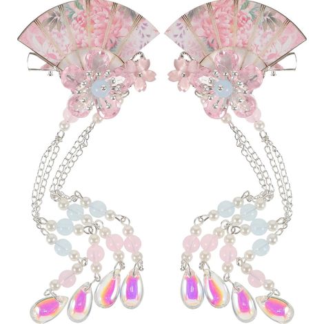 2 Pieces Pink Fan Flower Hair Clips in Iron and Crystal (1/5)