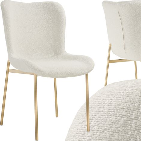 Tectake – Chaise rembourrée ergonomique scandinave en tissu bouclette blanc – Dossier et assise généreux – Pieds en acier doré – Hauteur d'assise 49 cm (1/5)