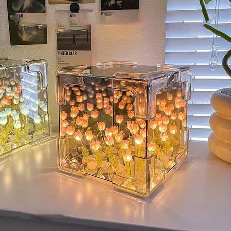 Luce notturna - USB - Lampada notturna a forma di tulipano fai da te - Lampada da tavolo a LED - Regalo romantico - Illuminazione d'atmosfera per la camera da letto - Design in vetro e specchio - Lamp (1/5)