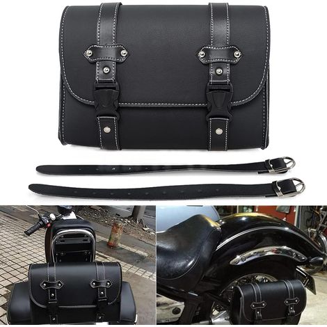 Sacs de selle de moto en PU Cuir – Noir outils de guidon étanche et sac latéral universel avec 2 sangles (1/5)