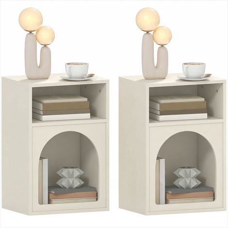 Tables de chevet design arqué avec 2 compartiments ouverts, MDF crème, lot de 2, 40x30x60 cm (1/5)