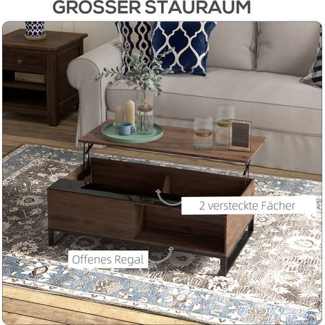 Table d'appoint avec mécanisme de levage, compartiment de rangement secret, aspect noyer, cadre en acier, 102 x 58 x 35,5 cm (1/5)