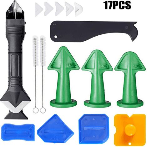 17 pcs outils décaulkage racleur métal 3 en 1 avec 6 pads silicone racloirs joint angles buses application mastic brosses nettoyage outils finition joint pour cuisine salle de bain fenêtre évier carre