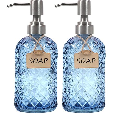 1 - Distributeur de savon - Verre - Pompe acier inoxydable 304 - Pour salle de bain et cuisine - Bleu - 18,5x7,1cm (1/4)