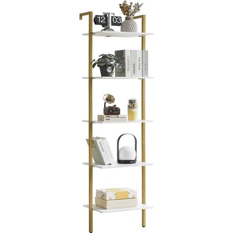 Étagère Échelle, Bibliothèque 5 Niveaux, Meuble de Rangement pour Livres, Décorations, Étagère Murale Flottante Industrielle pour Salon, Cuisine, Bureau, 40 x 30 x 178CM Blanc (1/5)