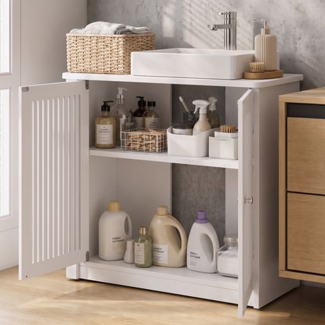 Mobile bagno sottolavabo 60 x 30 x 60 cm, 2 ante a lamelle, bianco OKMYHOME (1/5)