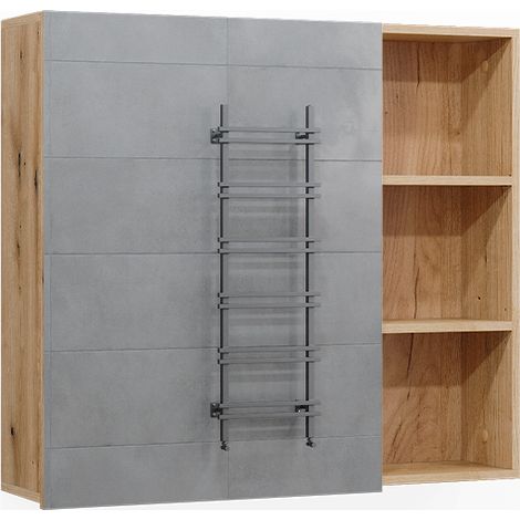 Armario con espejo para baño Rudi, Roble, 90 x 80.9 cm con puerta y compartimentos abiertos, Vicco (1/5)